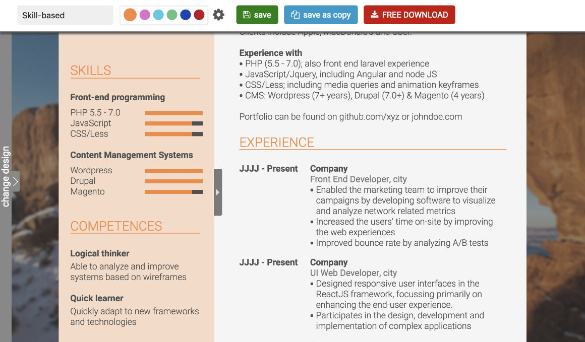 The CV Builder contains beautiful, stand out skill indicators CV Builder beautiful skills indicators