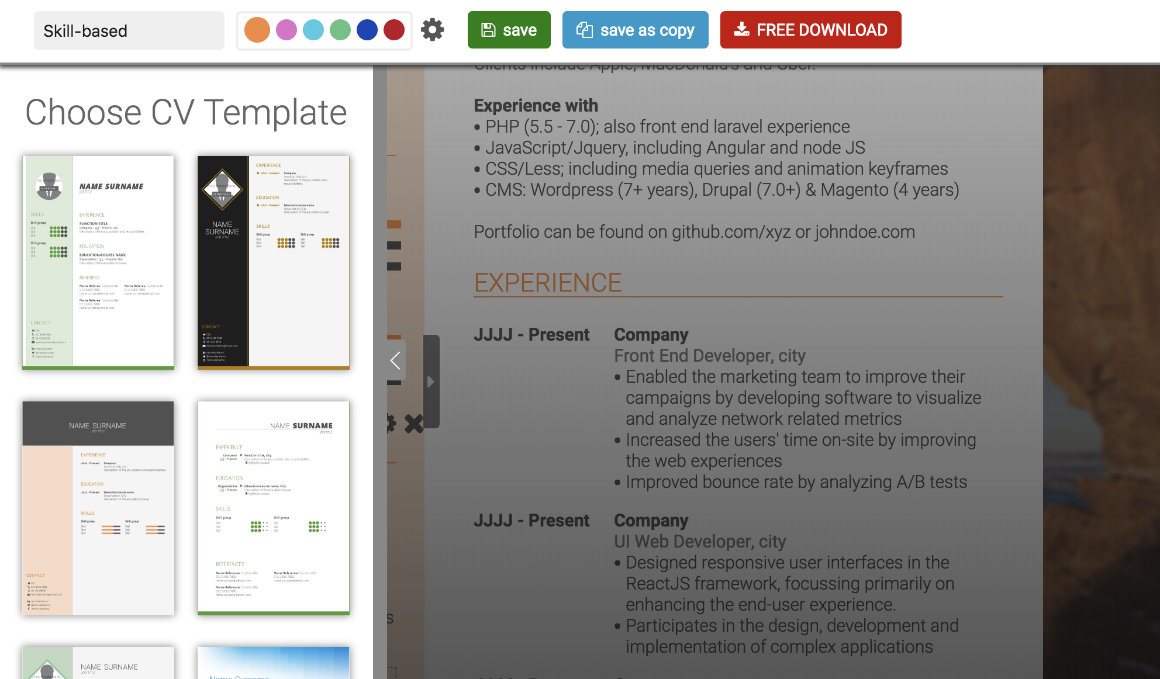 Switching between CV Templates is easy in the free CV Builder Switch CV Template designs