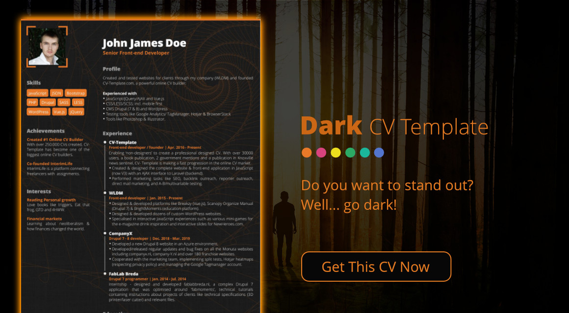 This dark CV template will make you stand out immediately Dark CV template