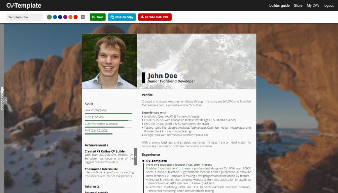 This CV maker allows you to create a professional designed CV in no-time. CV-Template is a professional online CV maker