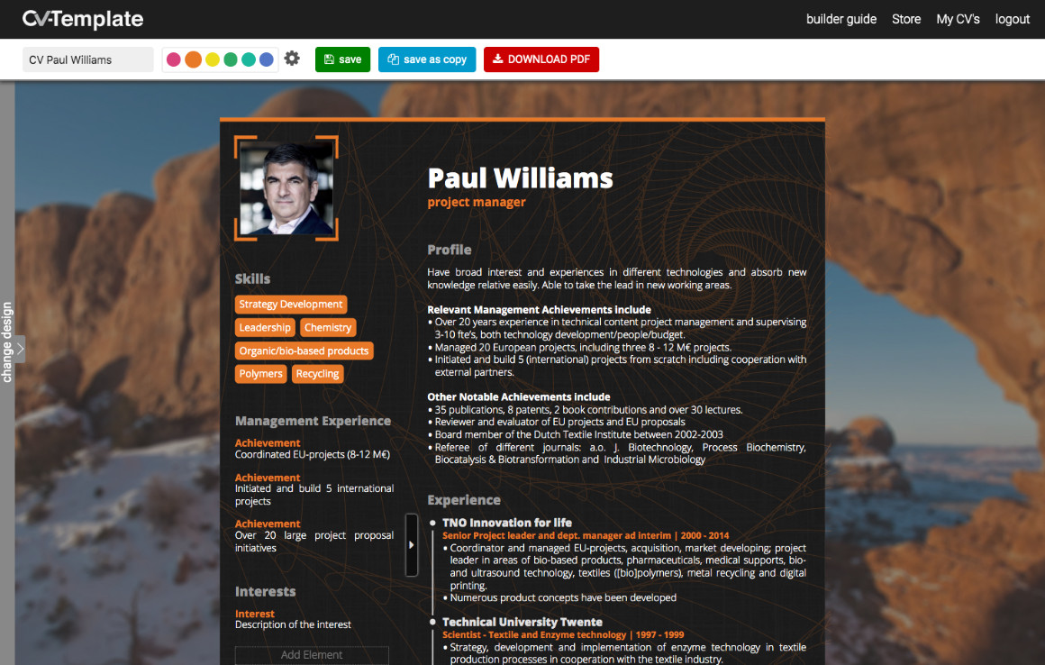 Create your professional look in a few minutes using this advanced CV builder Professional CV template builder