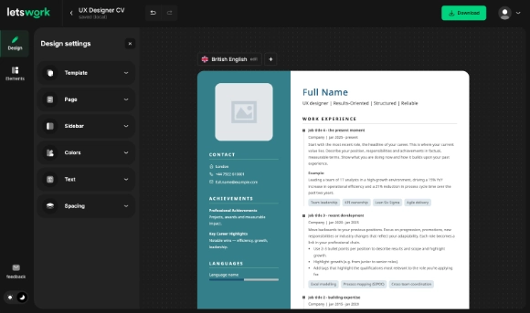 Letswork CV builder with live WYSIWYG editor showing real-time layout editing