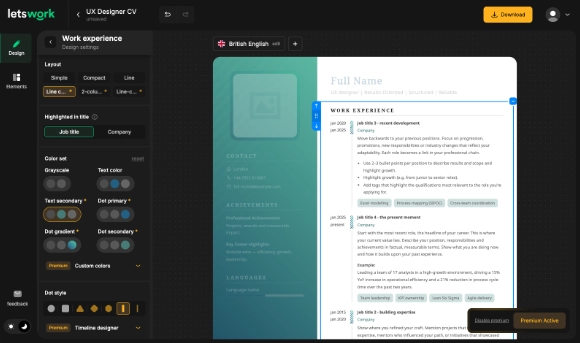 Design customisation panel in Letswork CV builder with spacing and typography controls