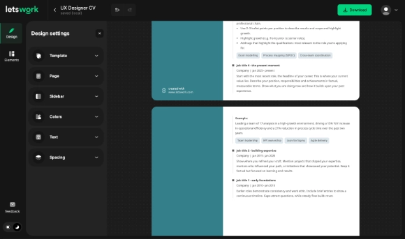 CV timeline content flowing naturally across pages in Letswork editor