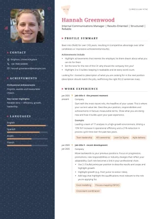 Stand-out creative CV template example with a blue sidebar, bold decorations, and unique orange and red highlights