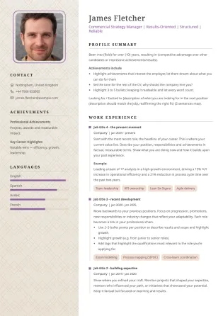 Formal CV template example with a light brown sidebar, subtle background pattern, and purple accent highlights