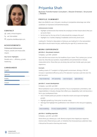 Clean CV template example with a white background, subtle sidebar, and blue accent highlights